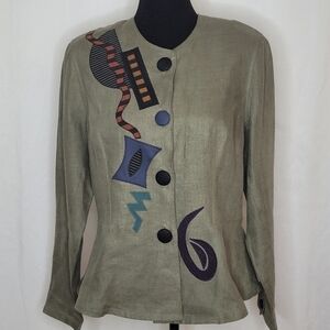 Beppa Linen Art-To-Wear Abstract Collarless Button Front Top  / Blazer - Size M